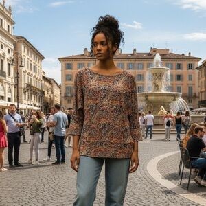 Awuliffan Women’s Top Orange/Navy/Gold Paisley Band Waist 3/4 Sleeve Size-S NWT